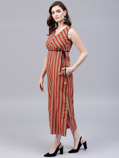 Women's  Rust Red & Beige Striped Empire Dress