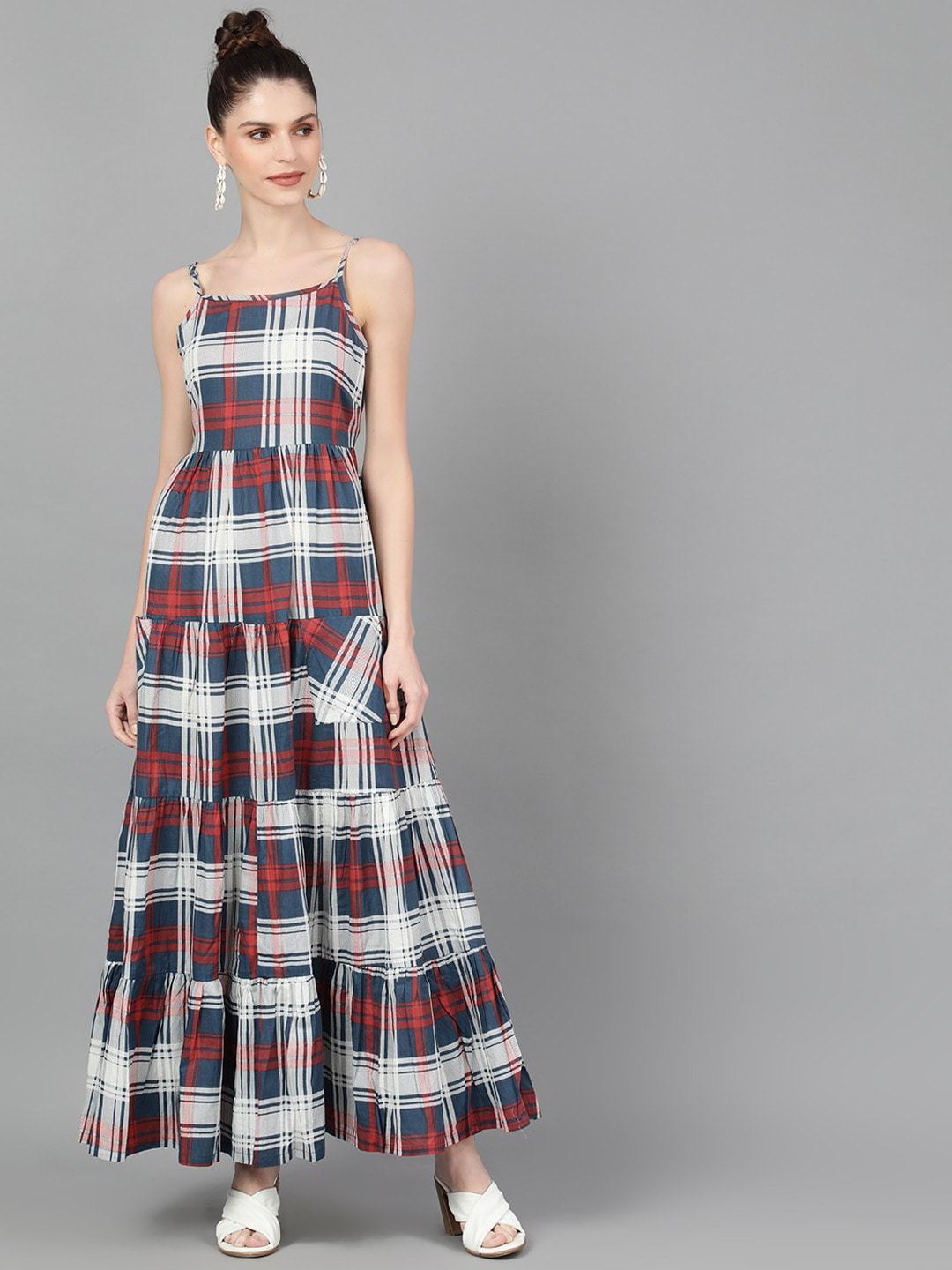 Women's  Blue & Red Checked Maxi Dress