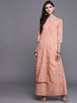 Women's  Peach-Coloured & Golden Printed Kurta with Skirt