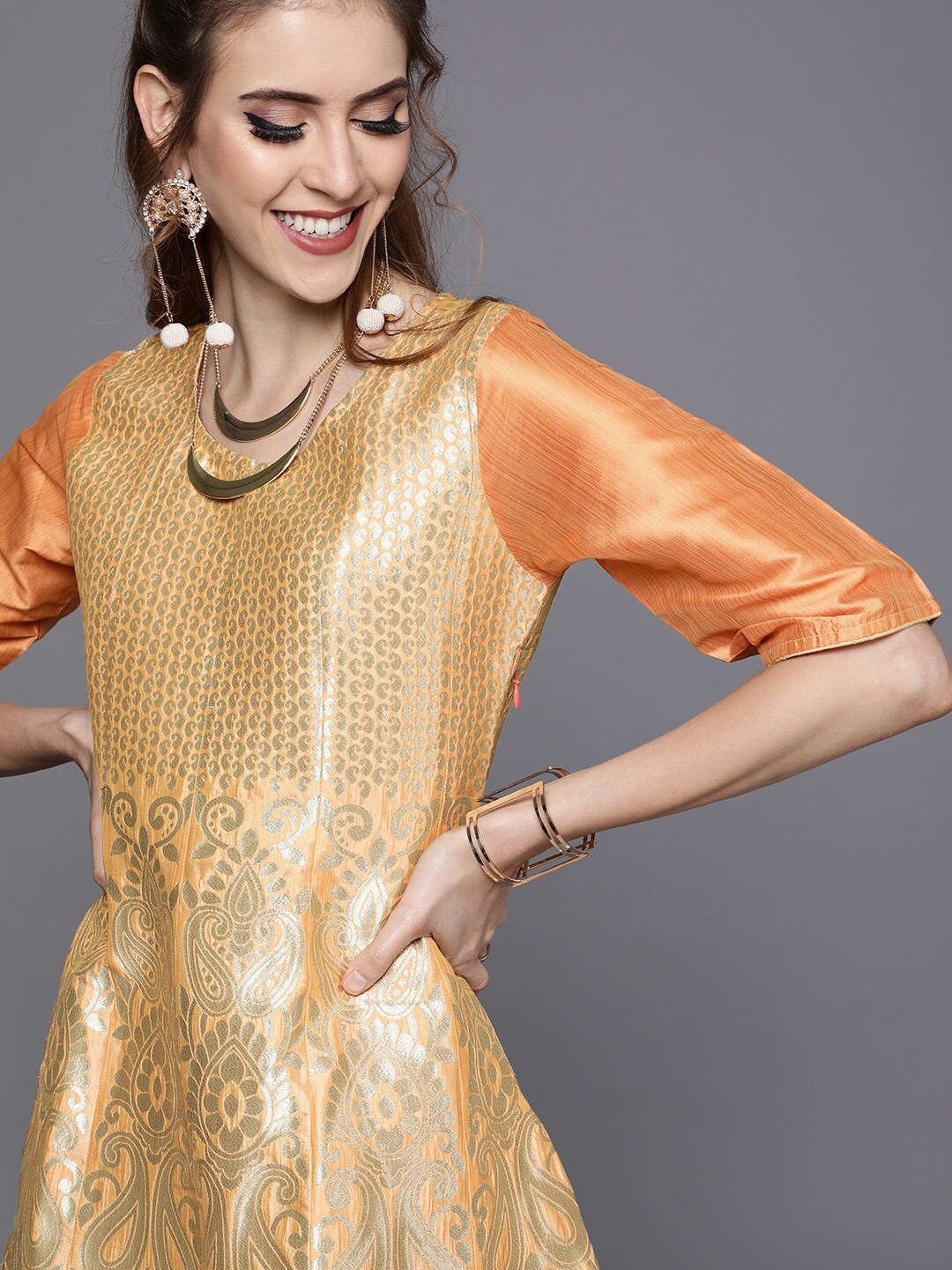 Women's Peach Jacquard Maxi Dress