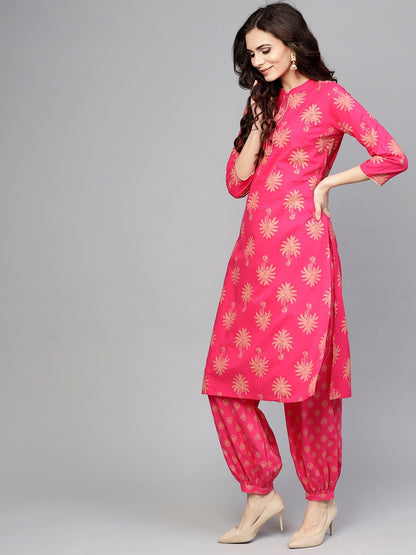 Women's  Pink Printed Kurta with Salwar