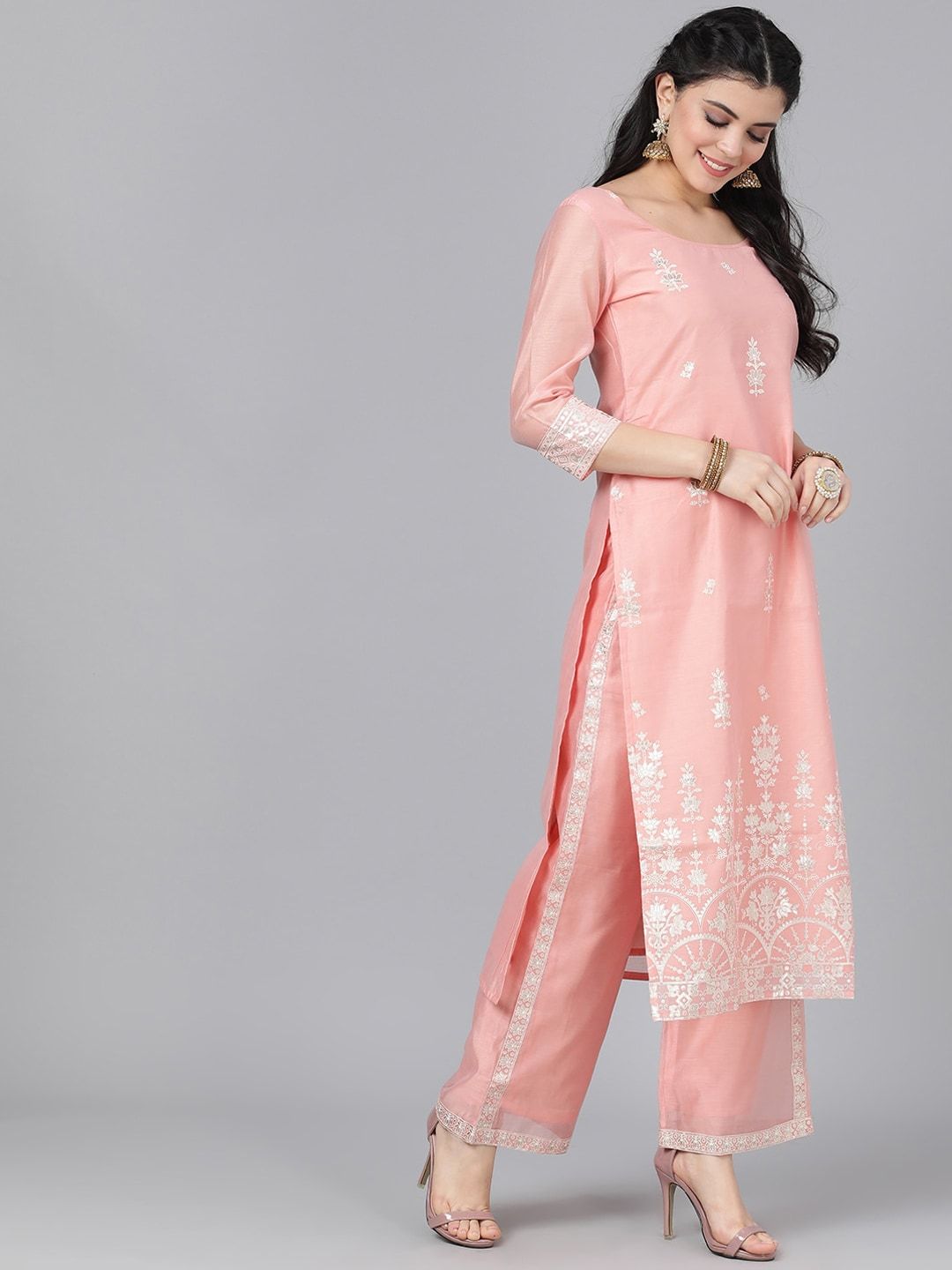 Women Peach Kurta with Trousers & Dupatta by AKS (3 P
