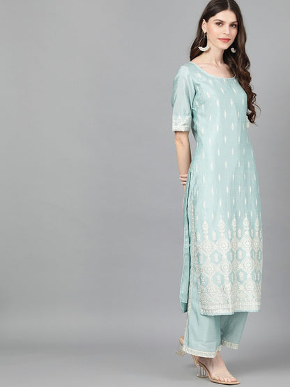 Women's  Blue & White Foil Printed Kurta with Palazzos