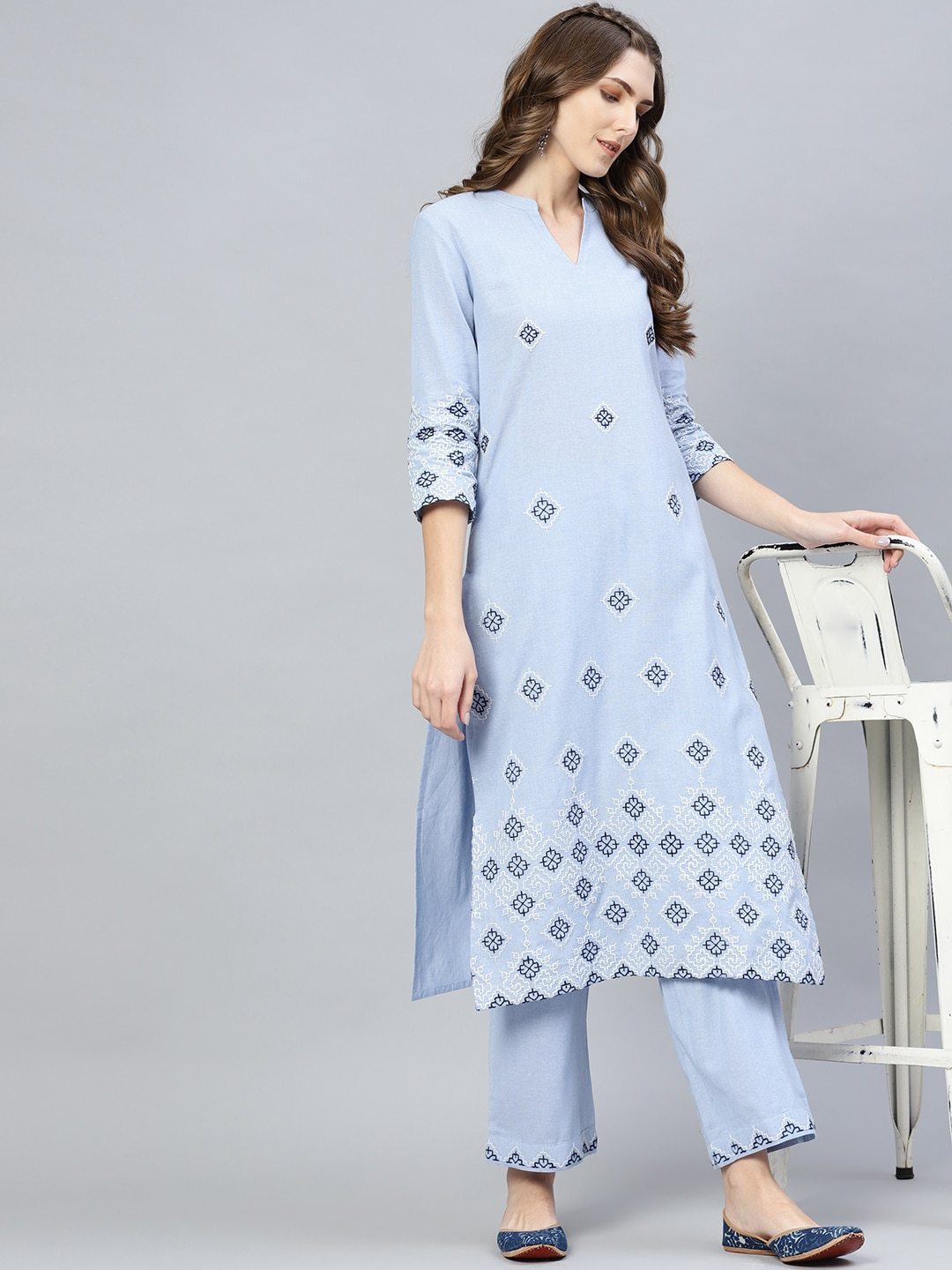 Women's  Blue & White Embroidered Kurta with Palazzos