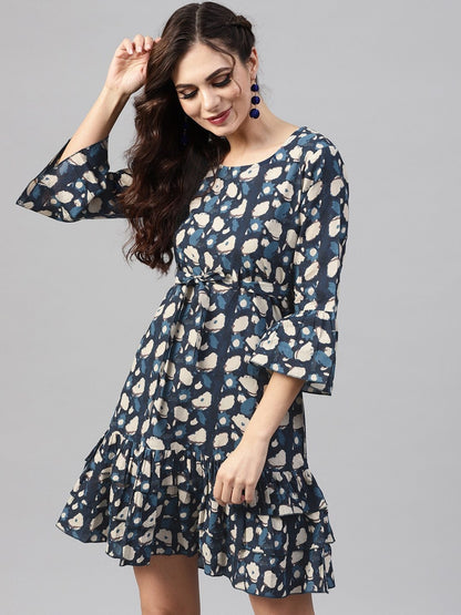 Women's  Blue Printed Drop-Waist Dress