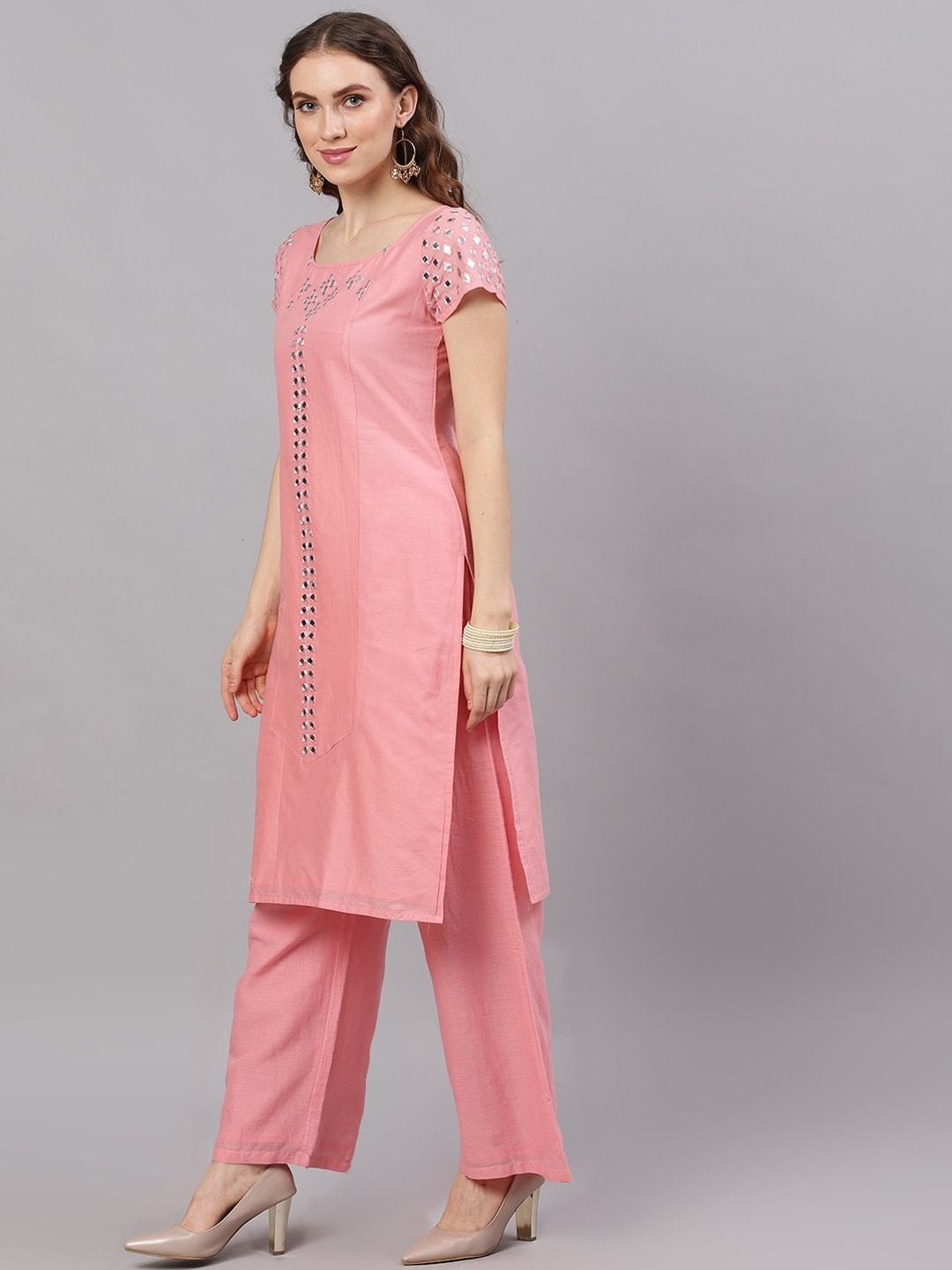 Women's  Pink Mirror Work Kurta with Palazzos