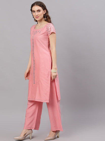 Women's  Pink Mirror Work Kurta with Palazzos