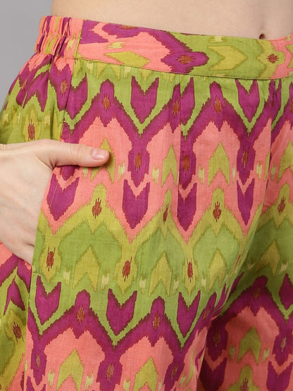 Women's  Green & Pink Ikat Printed Kurta with Palazzos & Dupatta