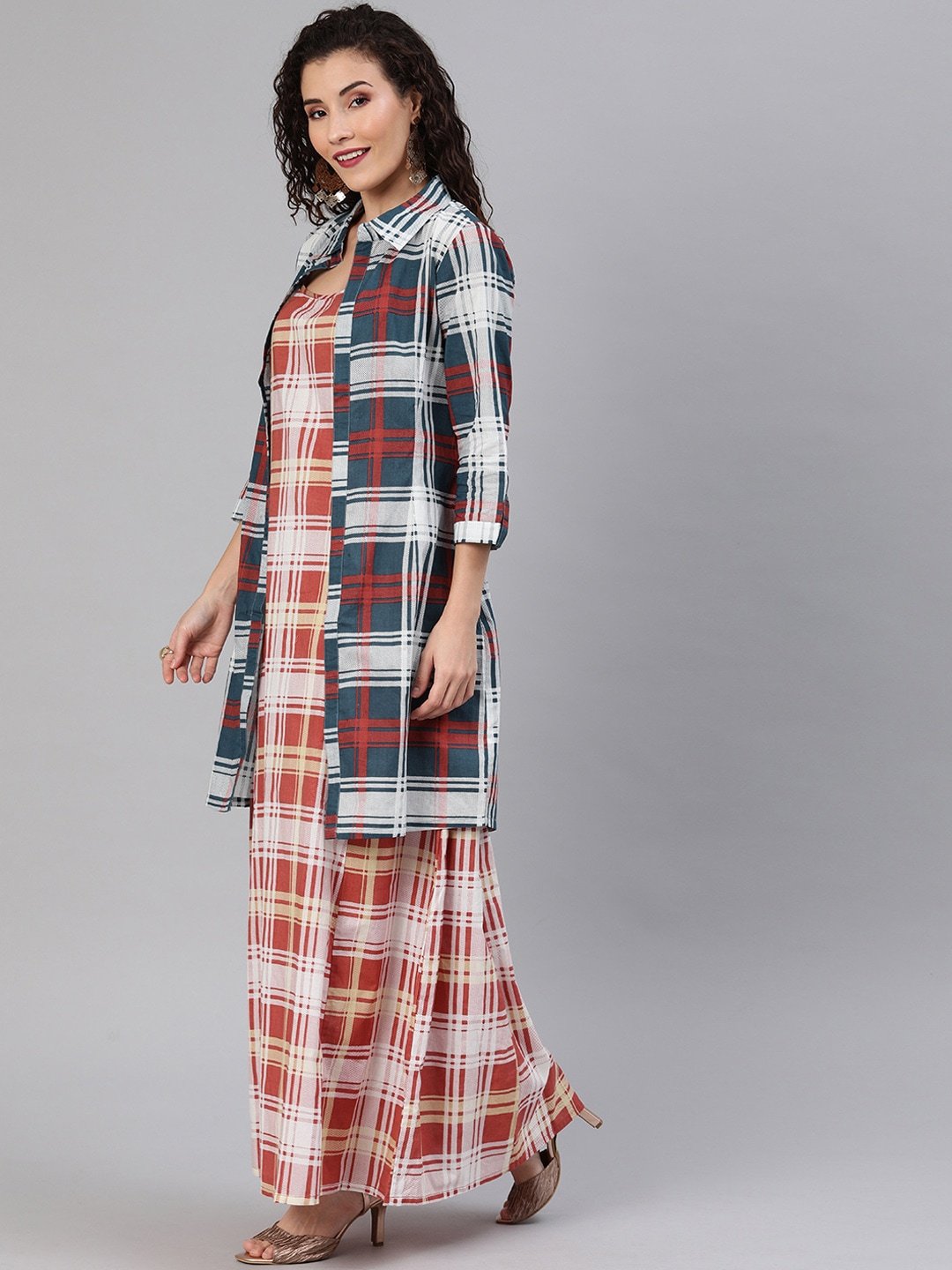 Women's  Red Checked Maxi Dress With Shirt