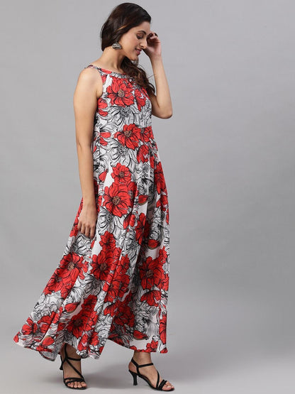 Women's  White& Red Floral Printed Maxi Dress