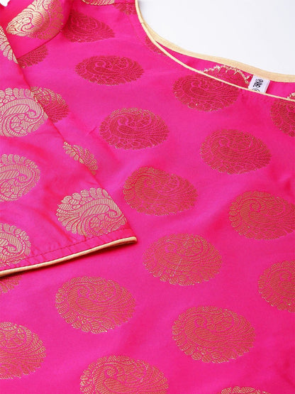 Women's  Pink & Golden Woven Design Straight Kurta