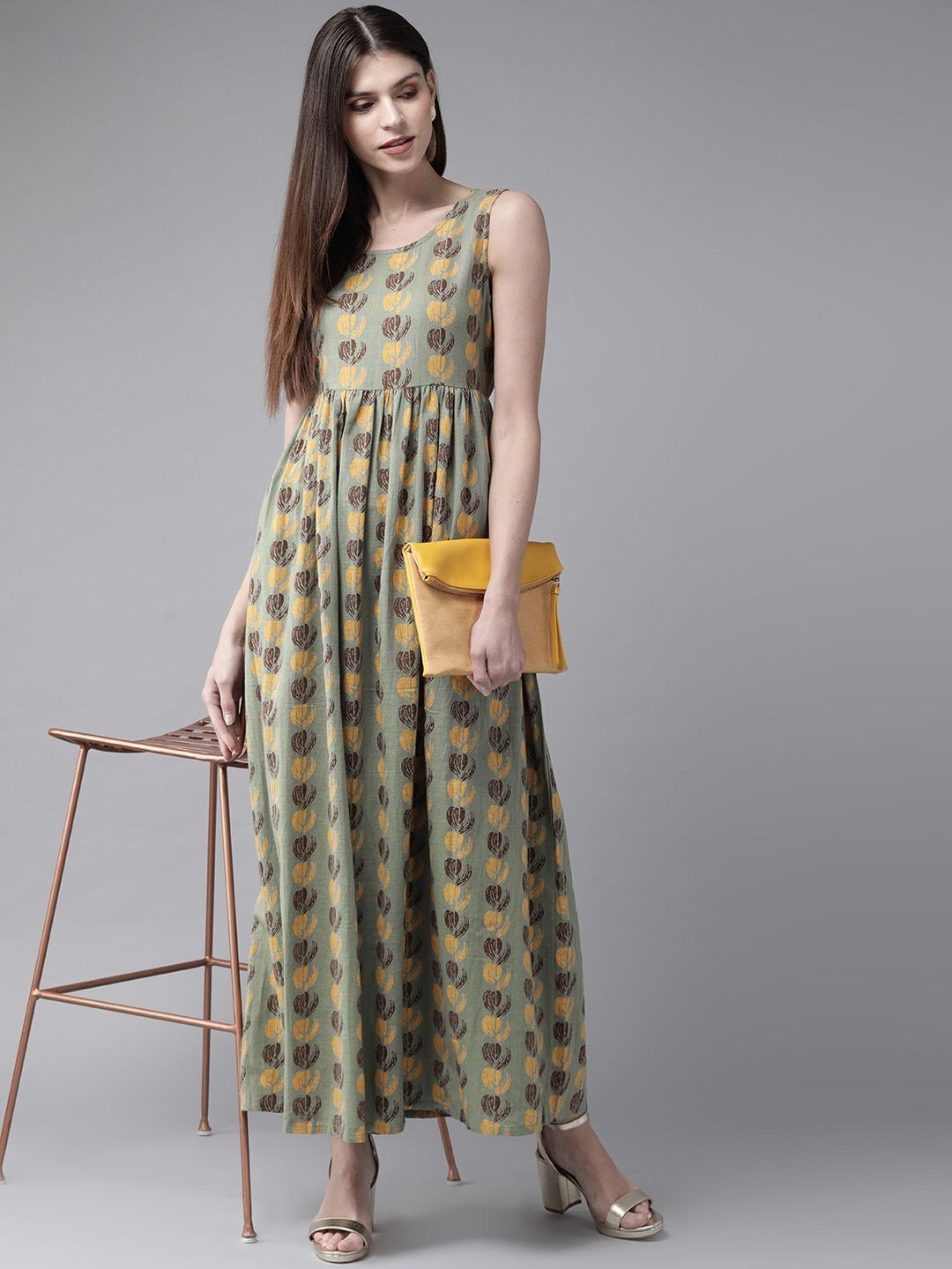 Women's  Green & Yellow Printed Maxi Dress