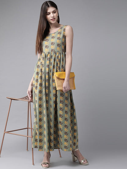 Women's  Green & Yellow Printed Maxi Dress