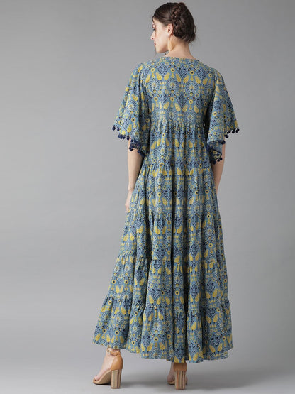 Women's  Blue & Yellow Printed Tiered Maxi Dress