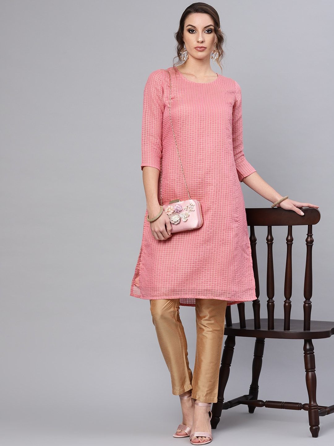 Women's  Pink & Beige Checked Straight Kurta
