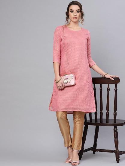 Women's  Pink & Beige Checked Straight Kurta