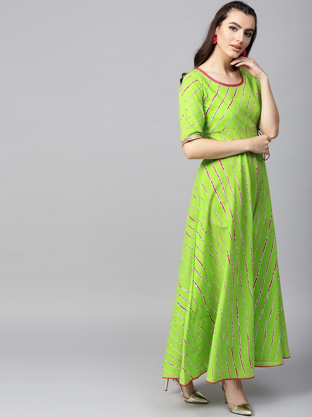 Women's  Green & Magenta Leheriya Print Anarkali Kurta