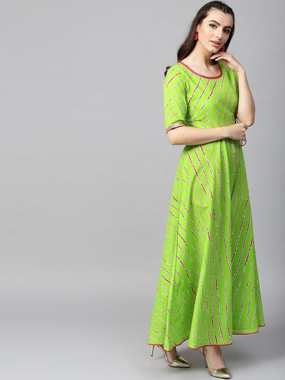 Women's  Green & Magenta Leheriya Print Anarkali Kurta