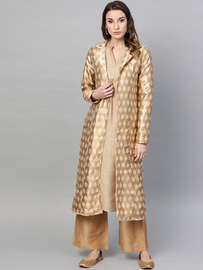Women's  Off-White & Golden Woven Design Brocade Reversible Longline Open Front Ethnic Jacket