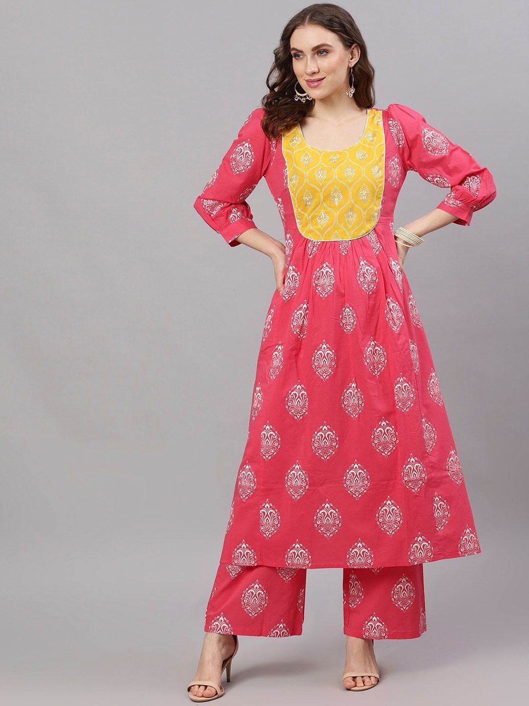 Women's  Pink & Yellow Yoke Design Anarkali Kurta
