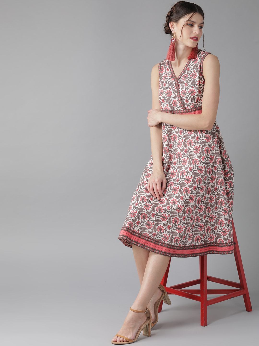 Women's  White & Pink Printed Wrap Dress