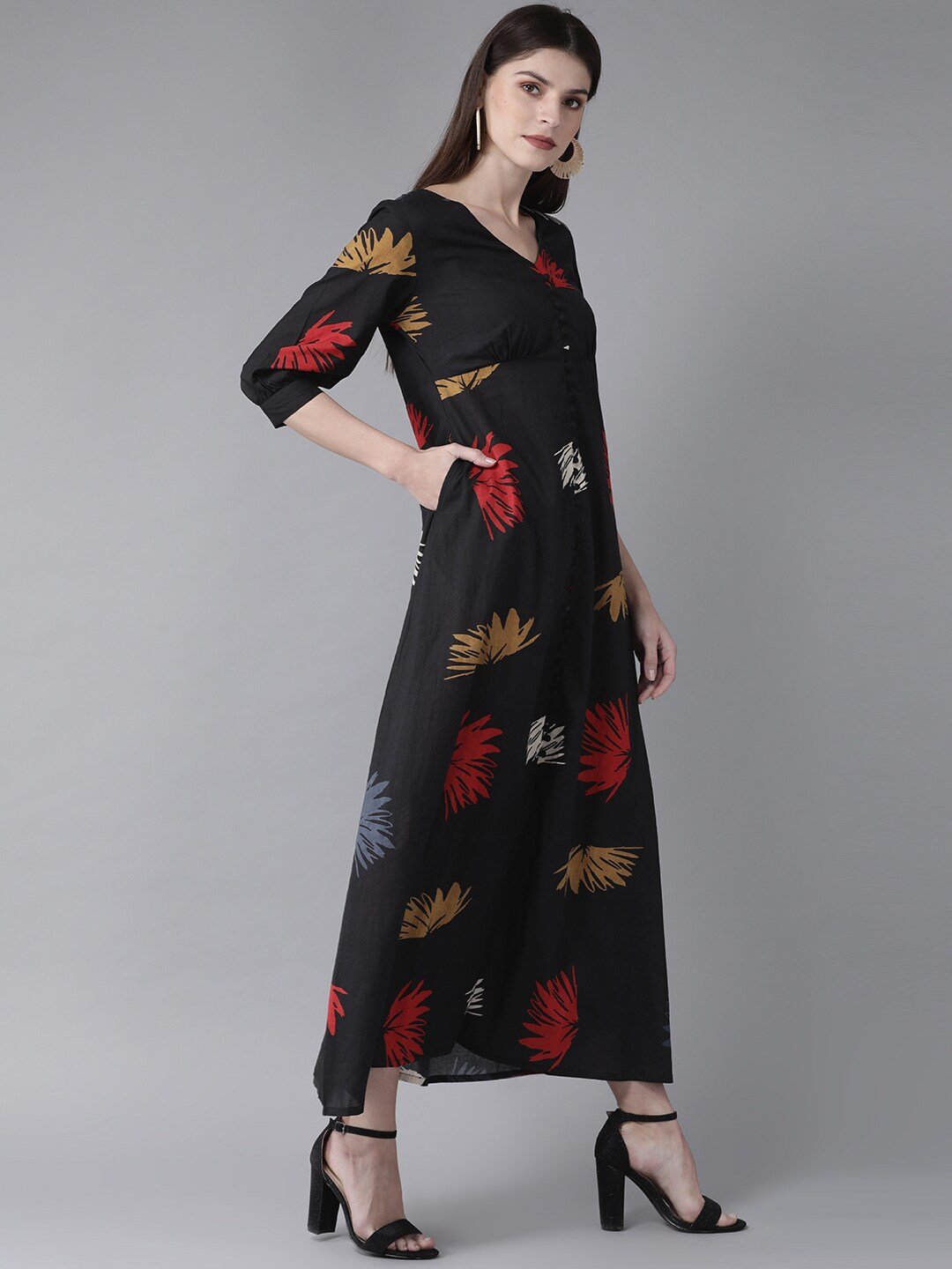 Women's  Black & Red Printed Maxi Dress