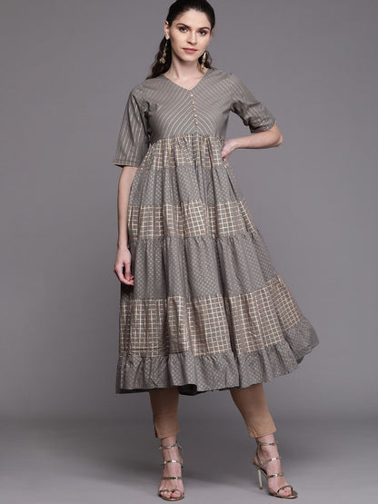 Women's  Grey & Golden Printed Tiered Anarkali Kurta