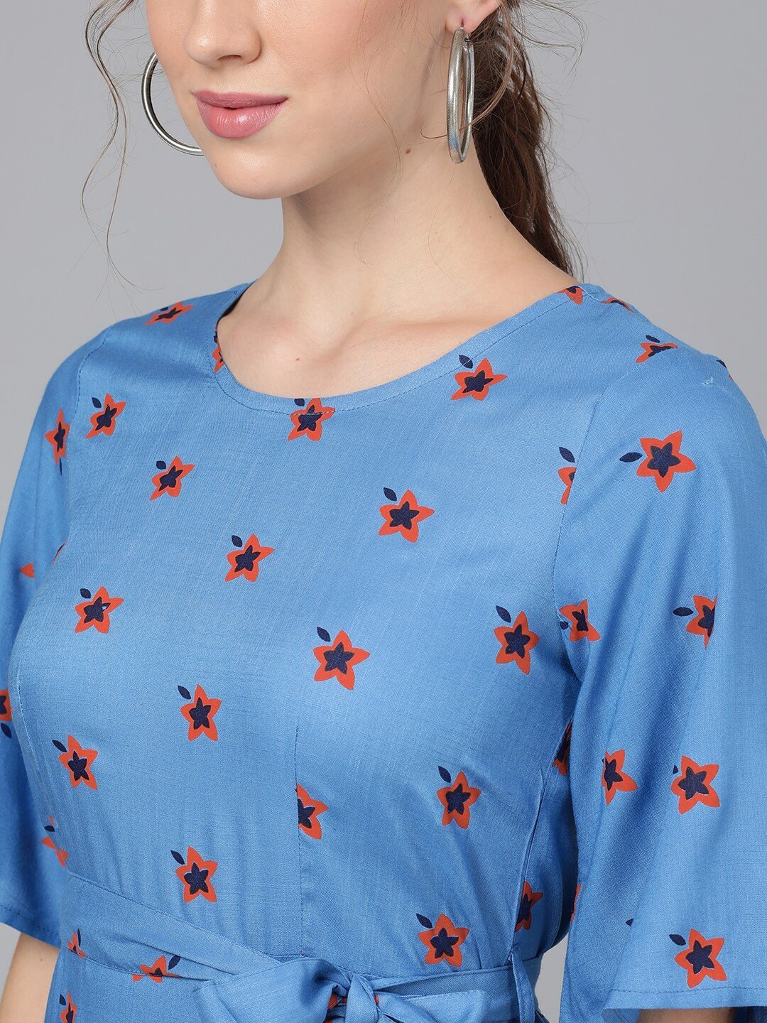 Women's  Blue & Maroon Printed Fit and Flare Dress