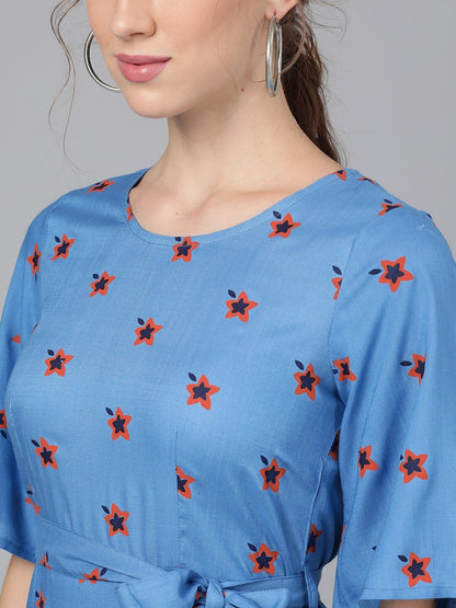 Women's  Blue & Maroon Printed Fit and Flare Dress