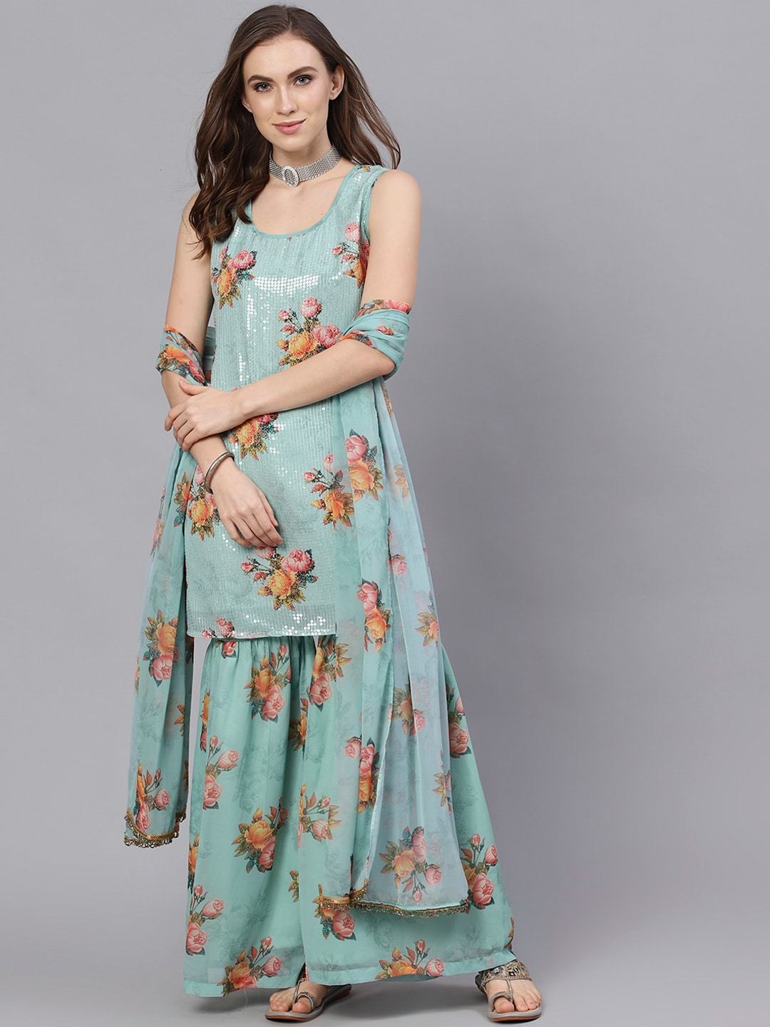 Women's  Sea Green & Red Self Design Kurti with Palazzos & Dupatta