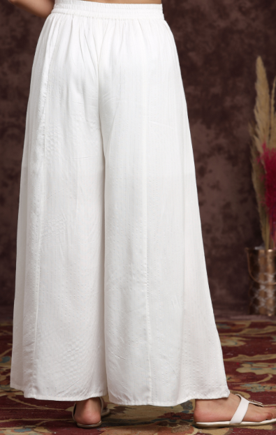 Women's White Rayon Lurex Striped Flared Palazzo