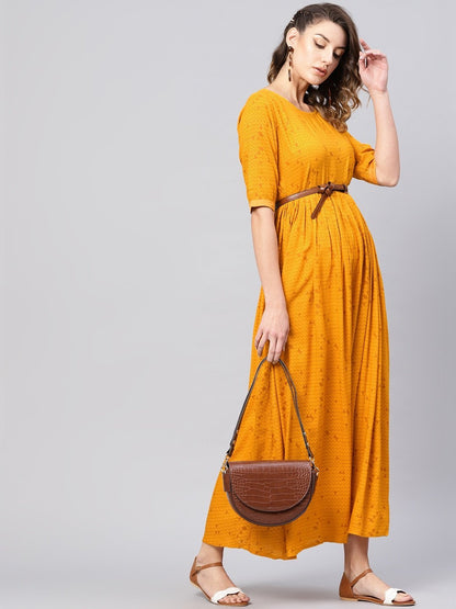 Women's  Mustard Yellow Printed Maxi Dress