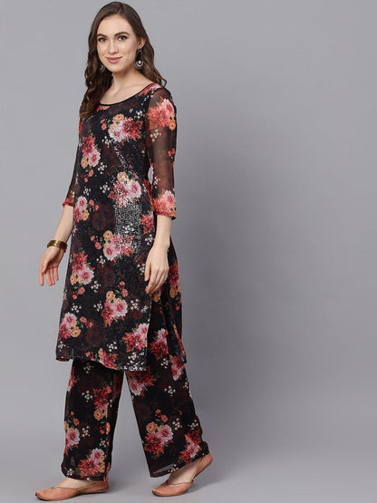 Women's  Black & Red Printed Kurta with Palazzos