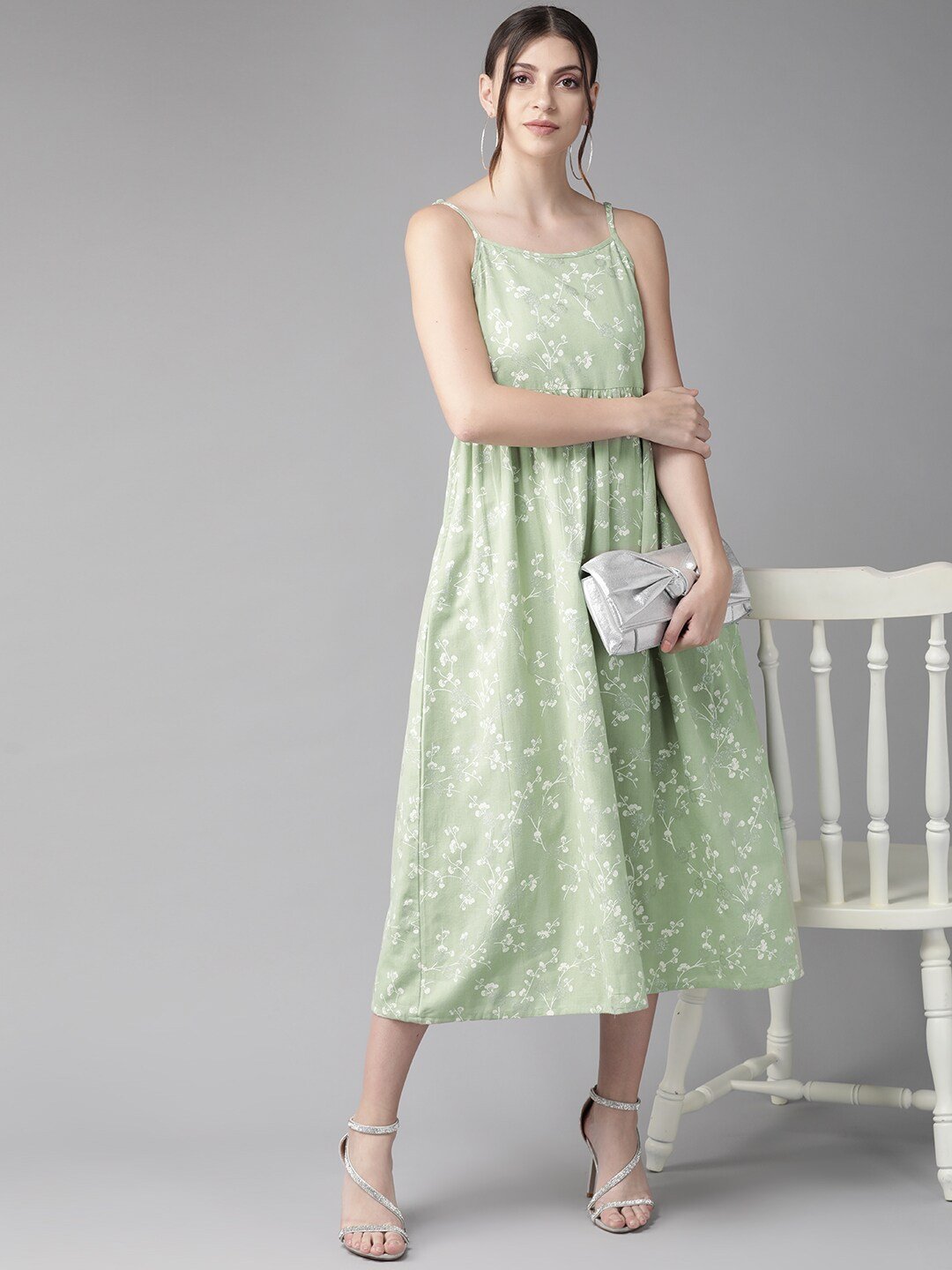 Women's  Green & White Khari Print A-Line Dress
