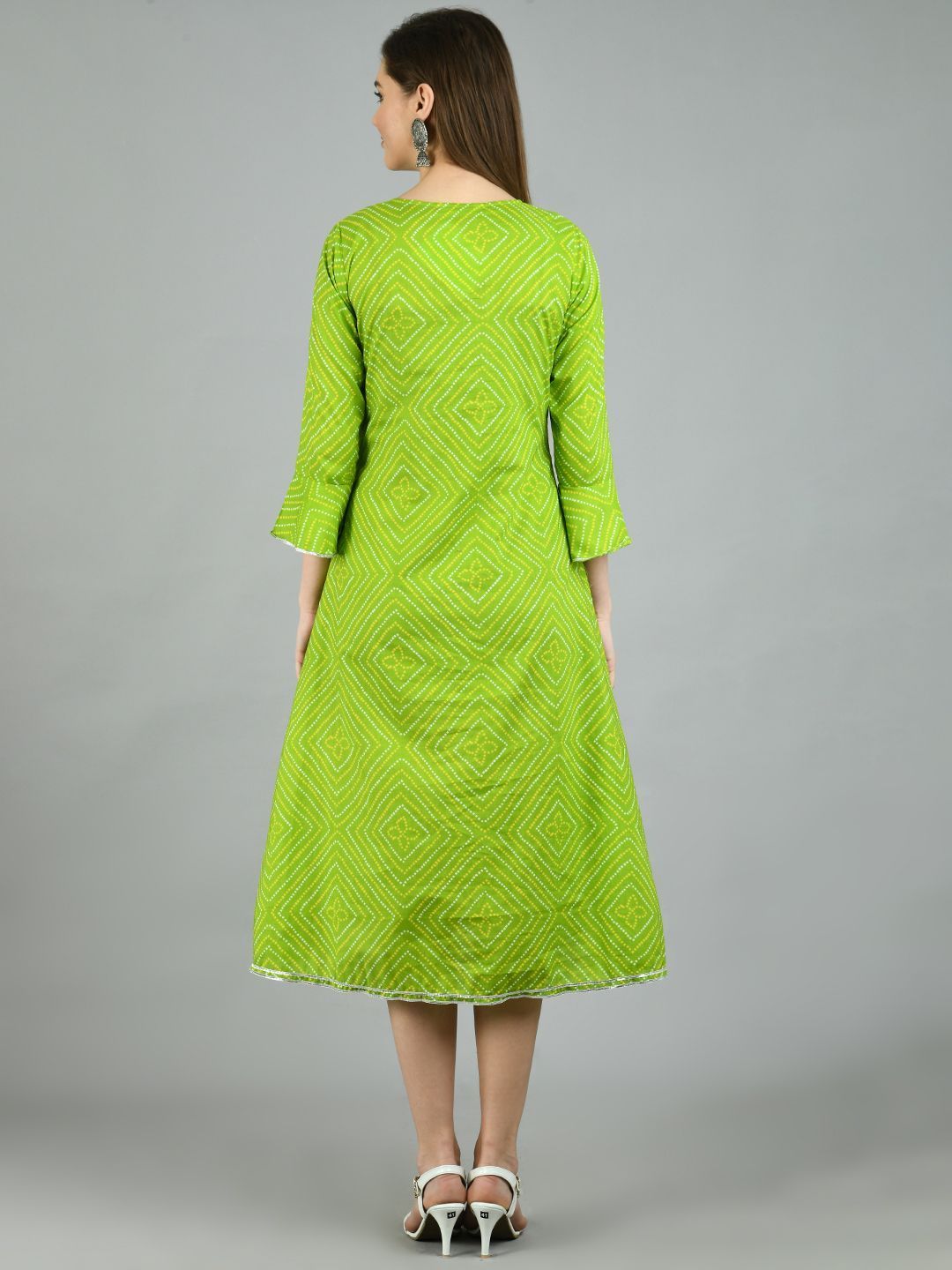 Women's Green Cotton Printed 3/4 Sleeve Round Neck Casual Dress