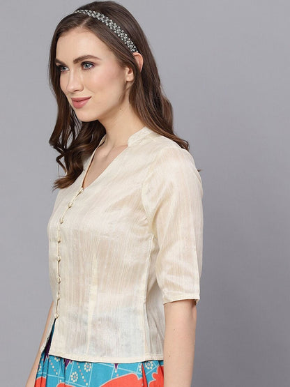 Women's Cream-Coloured Solid Shirt Style Top