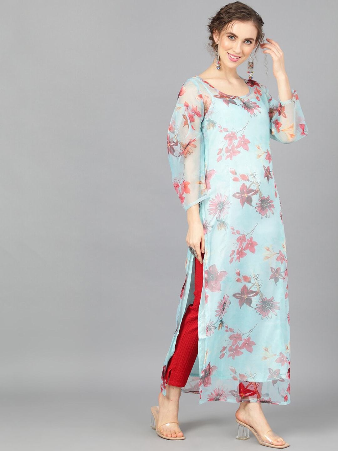 Women's  Turquoise Blue Printed Straight Kurta