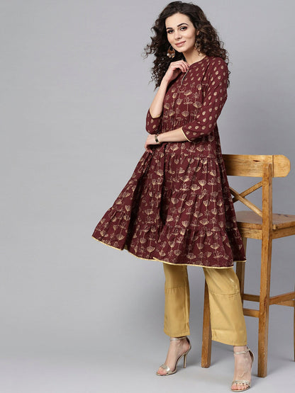 Women's Maroon gold printed gathered kurta