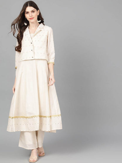 Women's  Off-White Self Design Kurta with Palazzos & Jacket