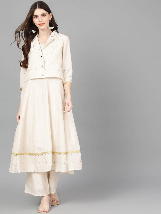 Women's  Off-White Self Design Kurta with Palazzos & Jacket