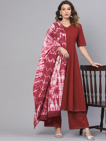 Women's  Maroon & Off-White Solid Kurta with Palazzos & Dupatta