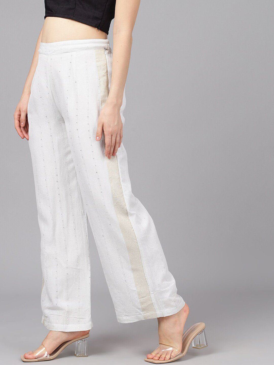 Women's  White Embellished Wide Leg Palazzos