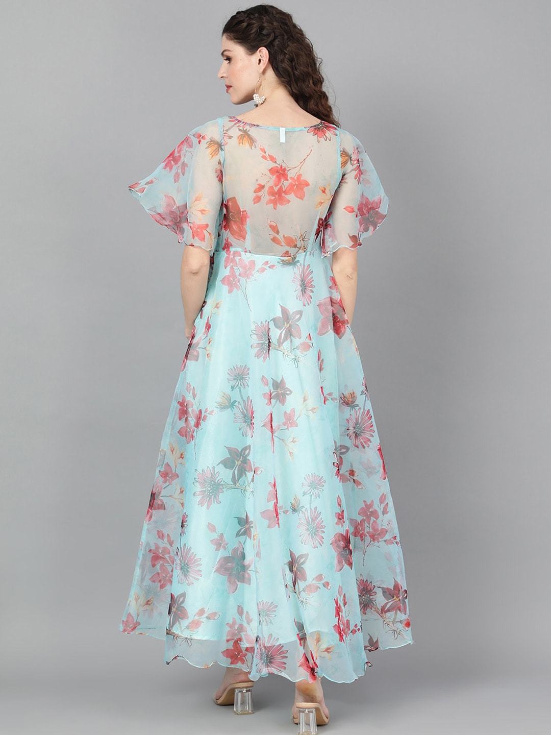 Women's  Turquoise Blue & Pink Floral Printed Maxi Dress
