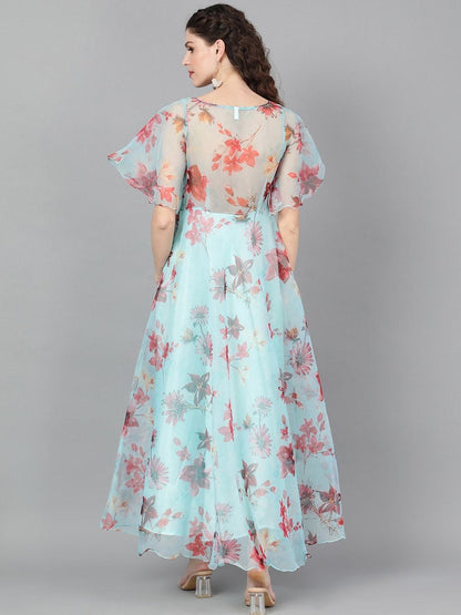 Women's  Turquoise Blue & Pink Floral Printed Maxi Dress