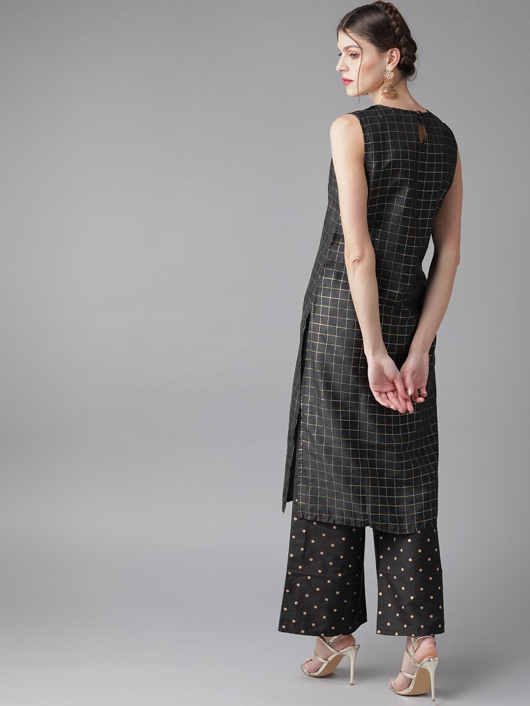 Women's  Black & Golden Self Checked Kurta with Palazzos