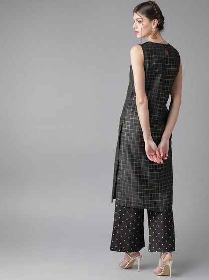 Women's  Black & Golden Self Checked Kurta with Palazzos