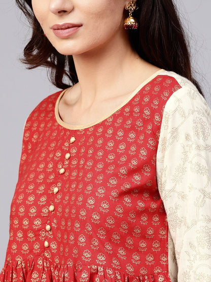 Women's  Off-White & Red Printed Layered Kurta