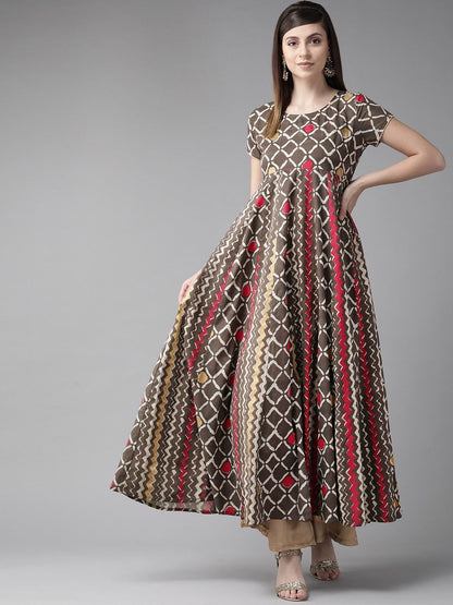 Women's  Coffee Brown & Red Printed Anarkali Kurta