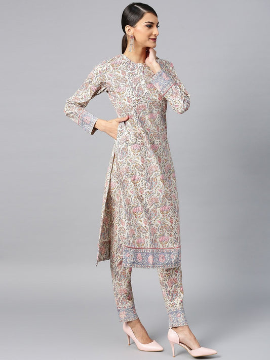 Women's  Cream-Coloured & Pink Printed Kurta with Trousers