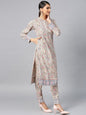 Women's  Cream-Coloured & Pink Printed Kurta with Trousers